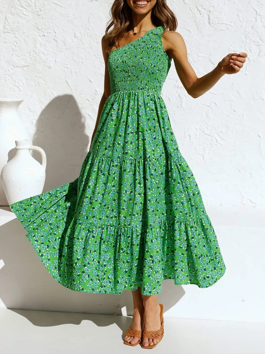 ZESICA Women's 2025 Bohemian Summer Floral Print One Shoulder Sleeveless Smocked Ruffle Tiered Beach Long Midi Dress