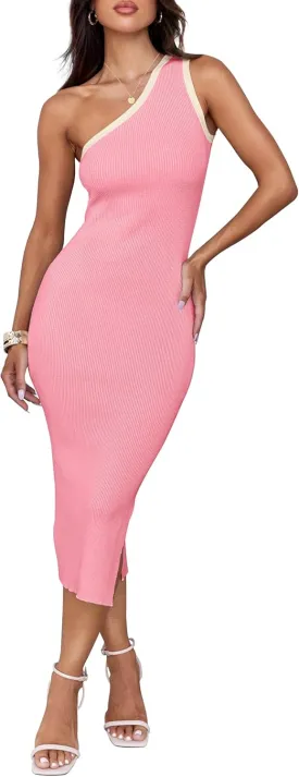 ZESICA Women's 2025 Summer One Shoulder Bodycon Midi Dresses Casual Sleeveless Ribbed Knit Side Slit Sweater Dress